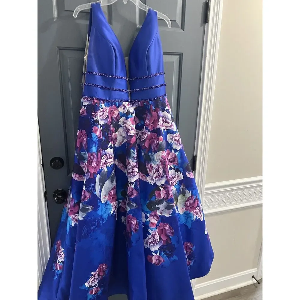 Ellie Wilde Mon Cheri EW118006 Blue V-neck A-line Floral Gown Prom 16/18* Read